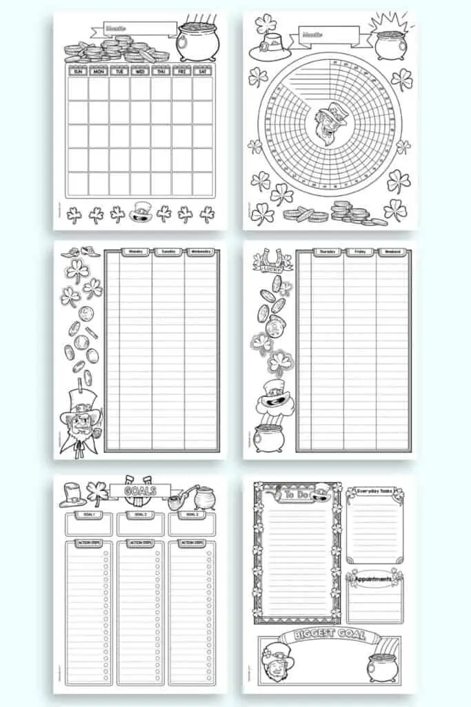A preview of six pages of bullet journal style planner printable for Mach showing gold coins, shamrocks,  leprechauns, and other St. Patrick's Day images. Pages include an undated calendar, a habit tracker, a two page weekly spread, a goals tracker, and a daily log.