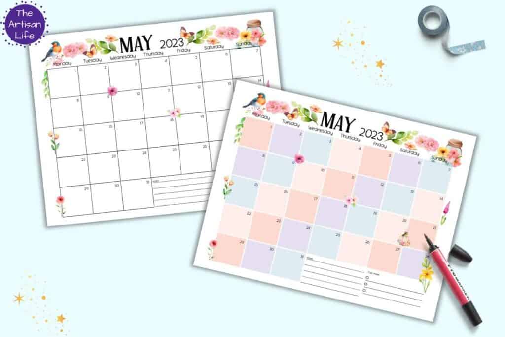 A preview of two printable May 2023 calendar pages. One has colorful boxes and the other has black and white boxes. They are shown on a light blue background.