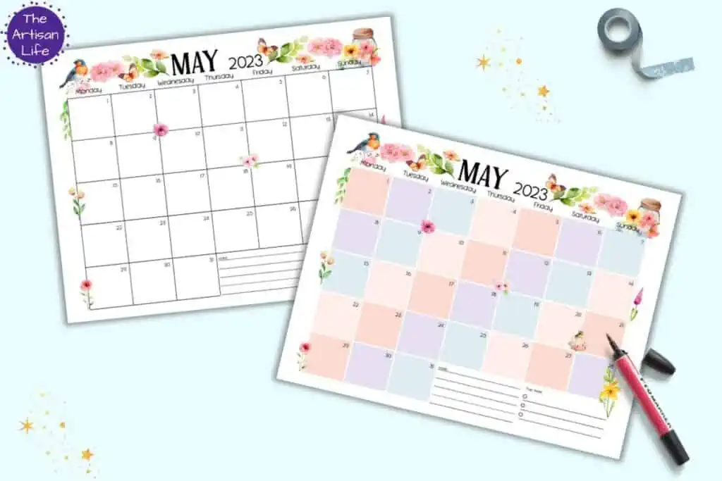 A preview of two printable May 2023 calendar pages. One has colorful boxes and the other has black and white boxes. They are shown on a light blue background.