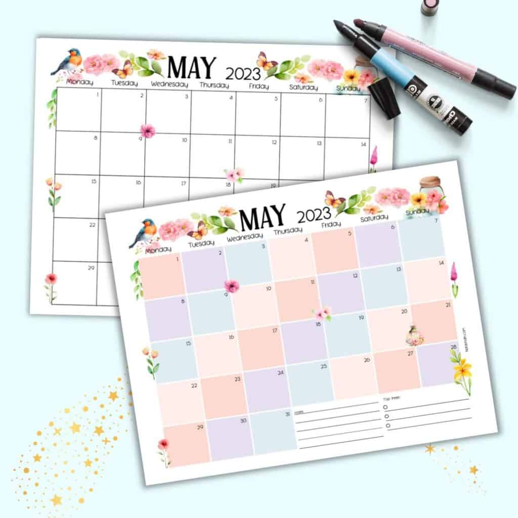 A preview of two printable May 2023 calendar pages. One has colorful boxes and the other has black and white boxes.