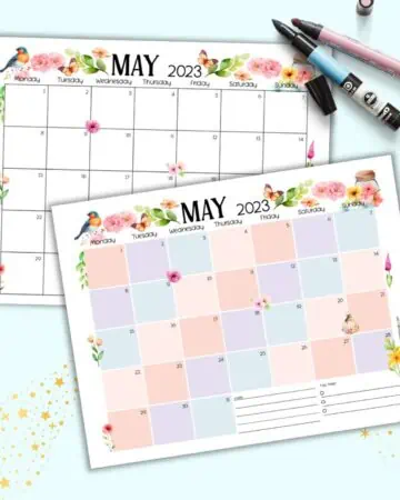 A preview of two printable May 2023 calendar pages. One has colorful boxes and the other has black and white boxes.