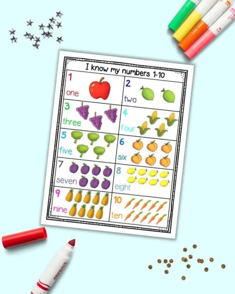 A preschool number chart printable with numbers 1-10, number words, and fruit & vegetables to count.