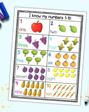 a preview of a colorful preschool number chart with numbers 1-10 and colorful fruit and vegetables