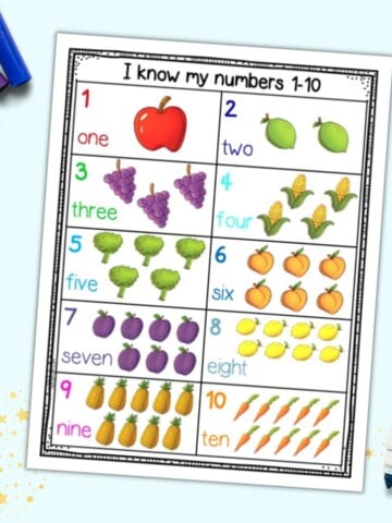 a preview of a colorful preschool number chart with numbers 1-10 and colorful fruit and vegetables