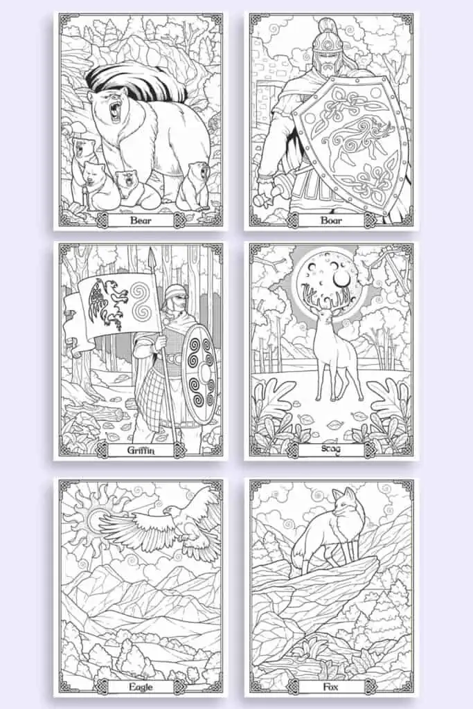 Six celtic animal coloring pages including: bear, boar, griffin, sea, eagle, and fox