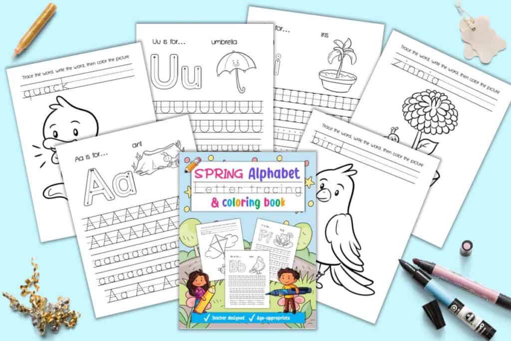 A preview of seven pages from a spring themed alphabet tracing and coloring book for children 