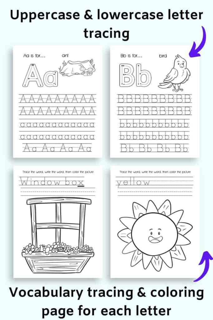 A purview of four pages from a spring themed alphabet coloring and tracing book for preschool and kindergarten students