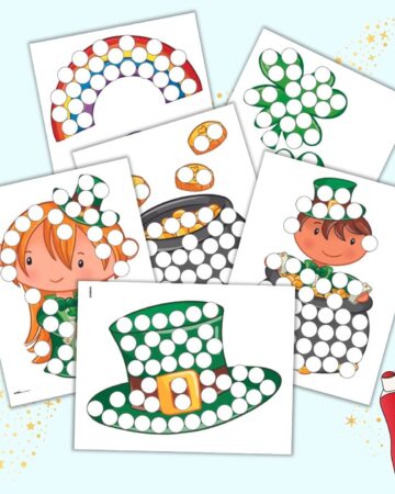 A preview of six colorful St Patrick's Day themed dot marker pages for kids