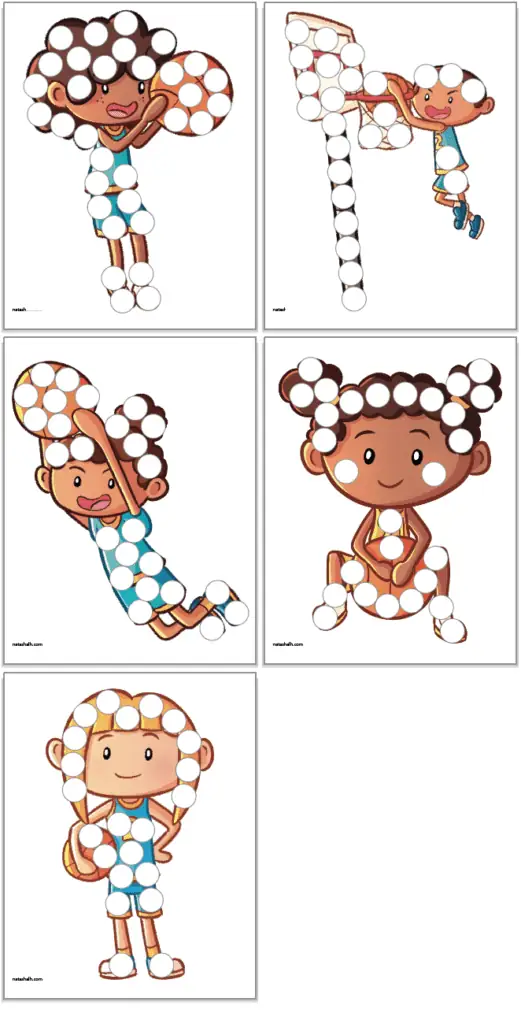 Five dot marker pages for kids featuring children playing basketball. 