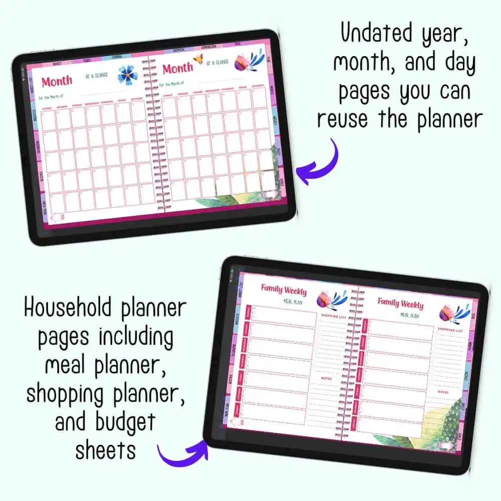 A preview of two pages from a mom life digital lanner. One page shows an undated month, the other page shows undated weekly meal planners.