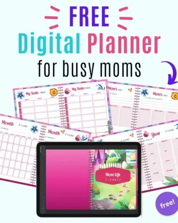 Five pages from an undated, hyperlinked digital planner for moms and the text "free digital planner for busy moms"