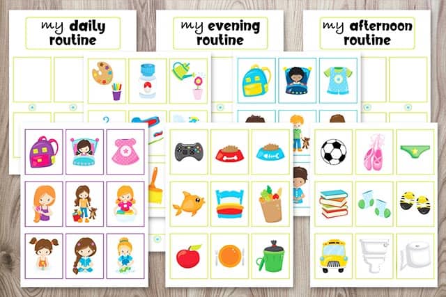Eight pages of a child's visual schedule printable