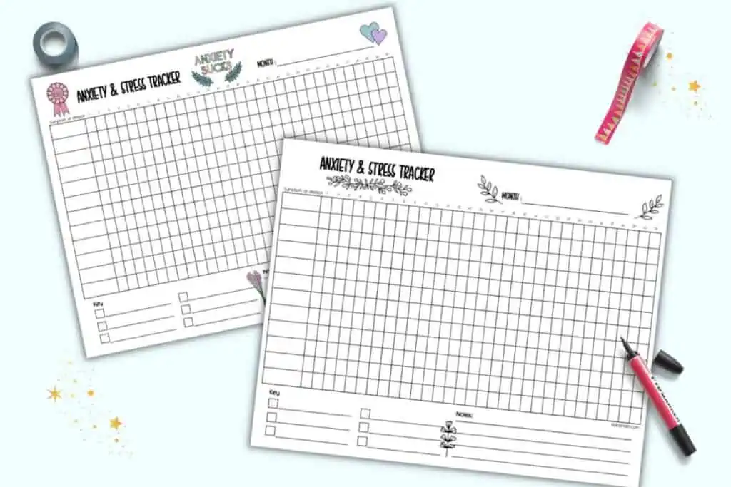 A preview of two pages of stress and anxiety tracker printable. One stress and anxiety tracker is in color and the other is black and white.
