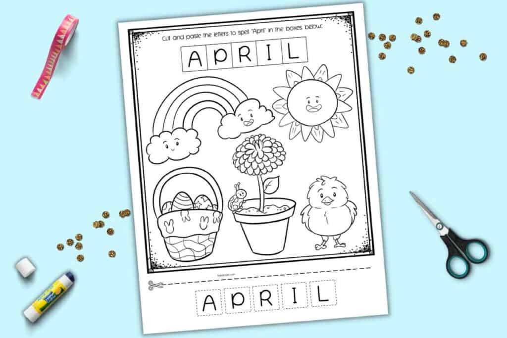 A preview of an April cut and paste page with tiles to cut and paste to spell "April"