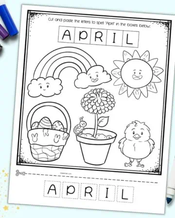 A cut and paste coloring page with spring elements to color at the letters to spell April on times to cut and paste