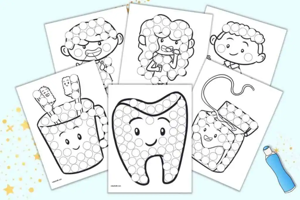 A preview of six dental health themed dot marker coloring pages for kids