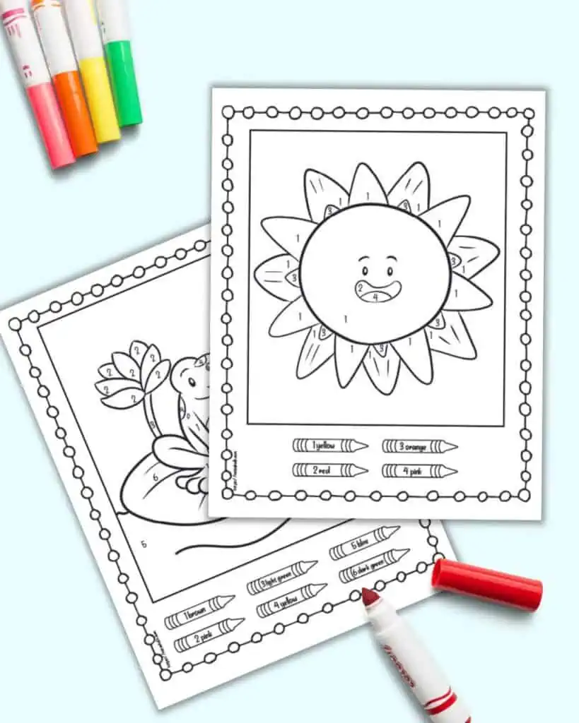 A preview of two simple color by number pages for kids with a spring theme. One shows a sun and the other a frog.