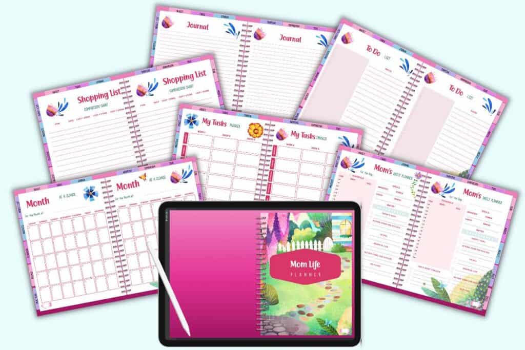 Seven pages from an undated, hyperlinked digital planner for moms