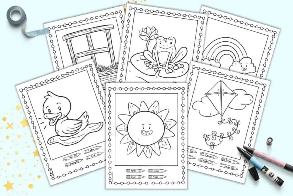 Six simple color by number pages for kids with a spring theme. Pages show: a sun, a duck, a kite, a frog, a rainbow, and a window box of flowers.
