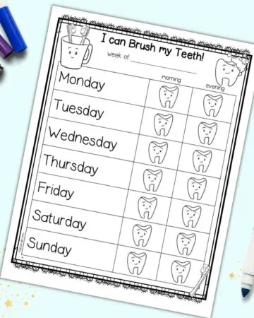 A tooth brushing chart with "I can brush my teeth!" and space to record am and pm tooth brushing for the week