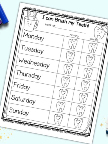 A tooth brushing chart with "I can brush my teeth!" and space to record am and pm tooth brushing for the week