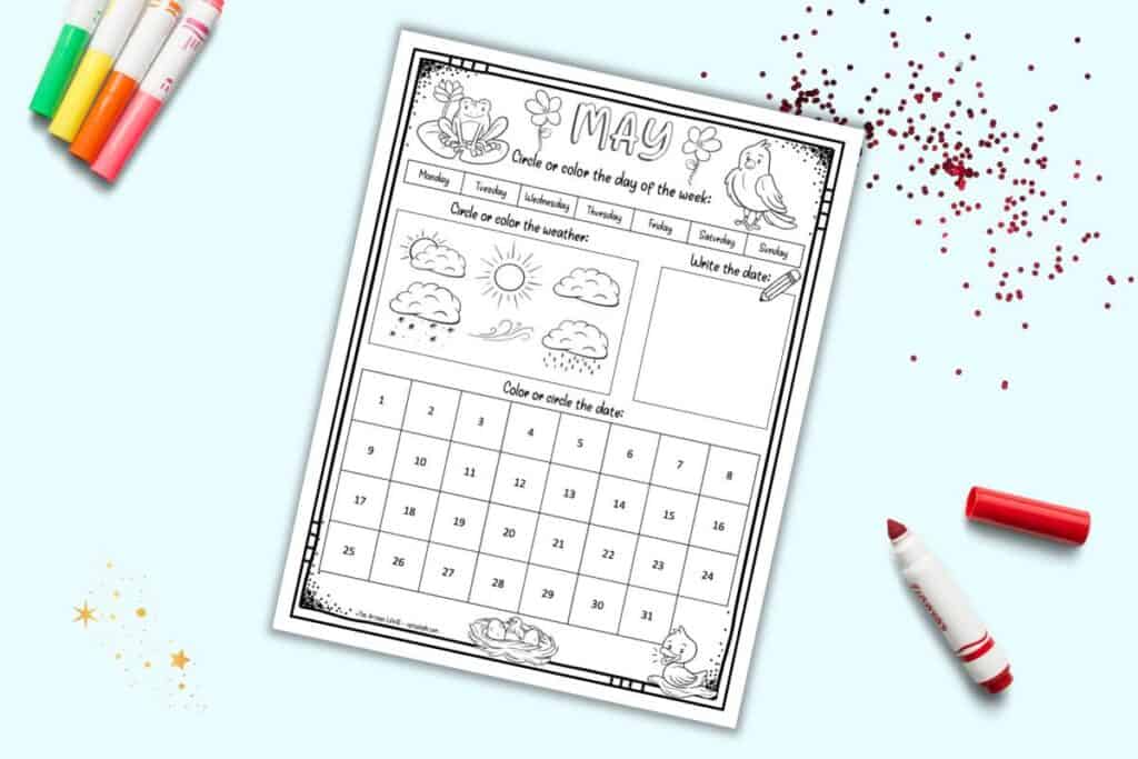 A May calendar worksheet for kids with space to circle the day of the weekend date, and weather