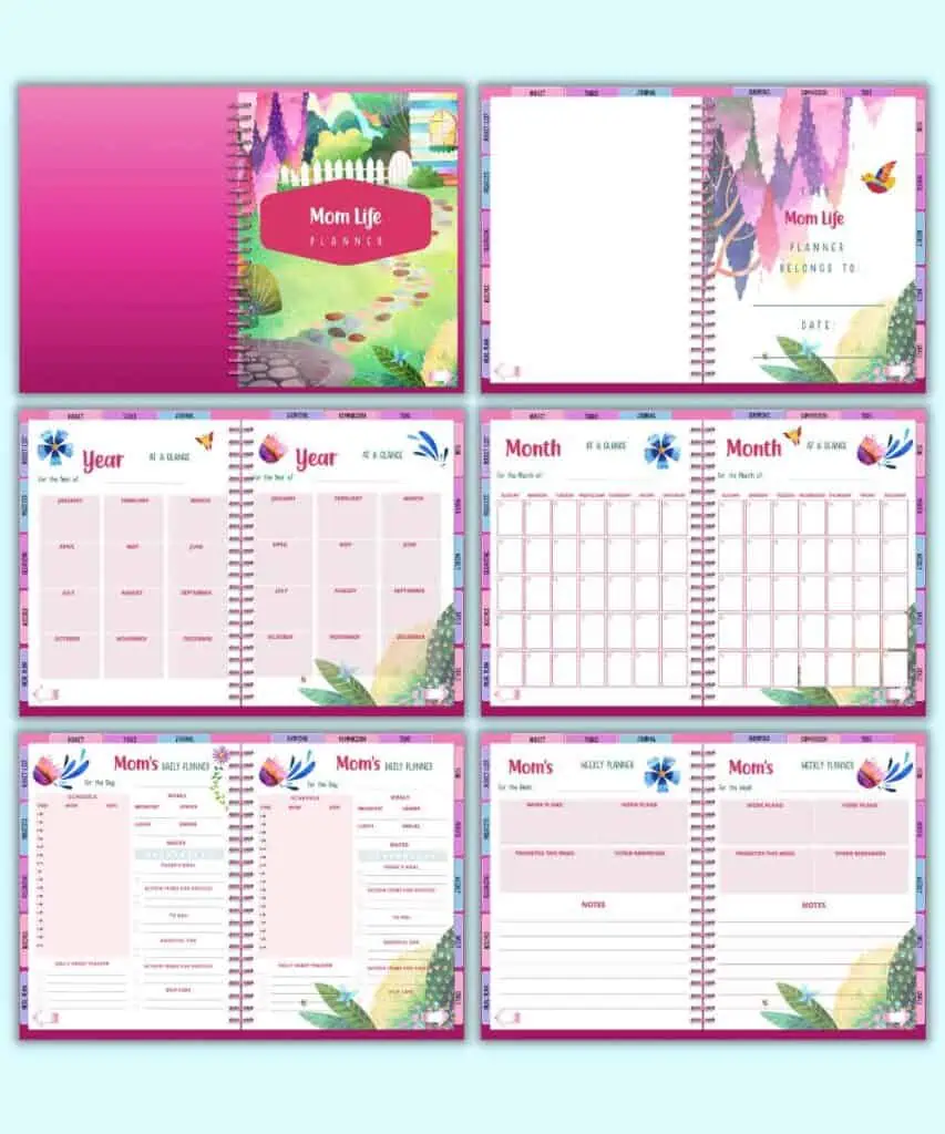A preview of six pages from a digital planer for moms. Pages include undated yearly, monthly, and daily sheets.