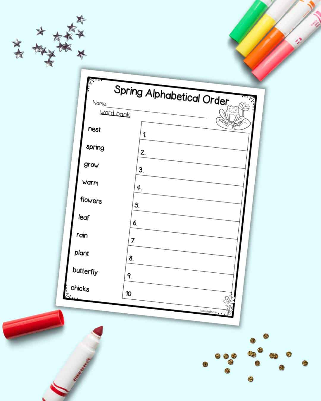 An abc order worksheet for spring with ten words: nest
spring
grow
warm
flowers
leaf
rain
plant
butterfly
chicks