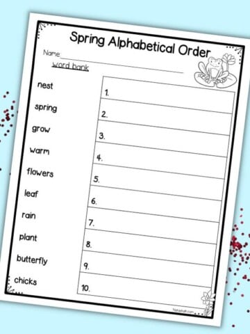 An alphabetical order worksheet for spring with ten words: nest spring grow warm flowers leaf rain plant butterfly chicks