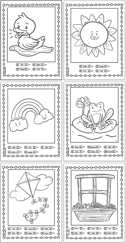 Six simple color by number pages for pre-k and k with a spring theme. Pages show: a sun, a duck, a kite, a frog, a rainbow, and a window box of flowers.