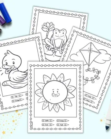 Four simple color by number pages for kids with a spring theme. Pages show: a sun, a duck, a kite, a frog
