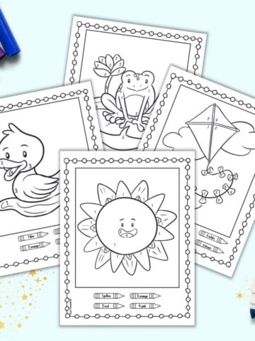 Four simple color by number pages for kids with a spring theme. Pages show: a sun, a duck, a kite, a frog