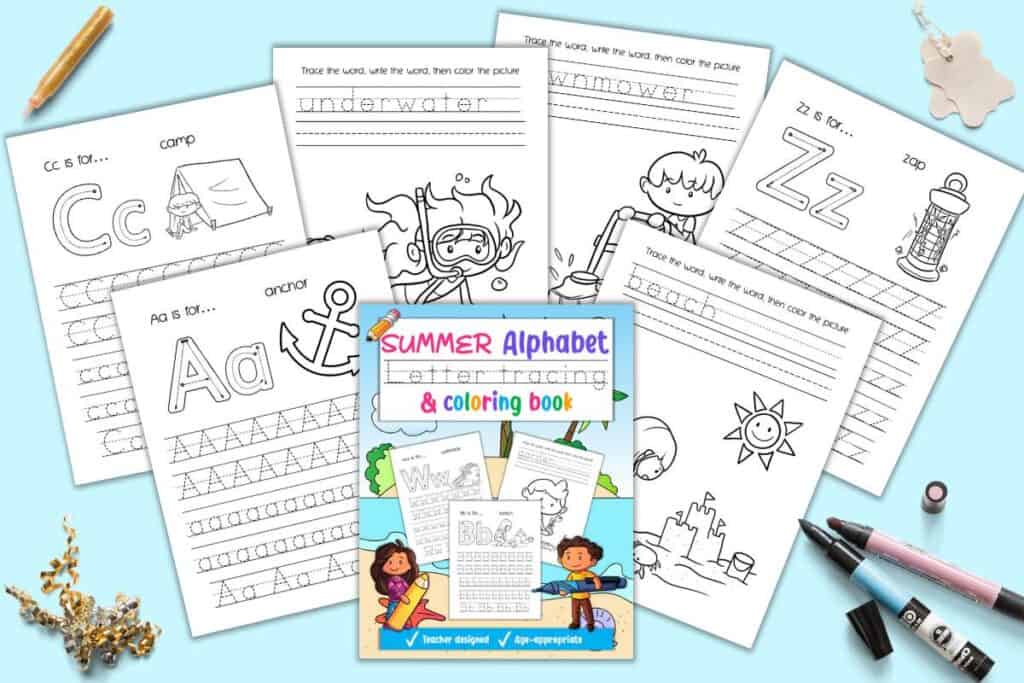 The front cover of Summer Alphabet Letter Tracing & coloring book with preview of six pages with uppercase and lowercase letter tracing and summer themed vocabulary