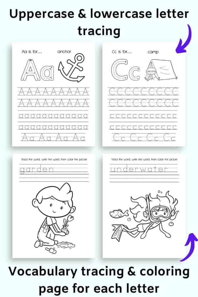 A preview of the interior of a printable summer themed alphabet tracing book with summer vocabulary. 
