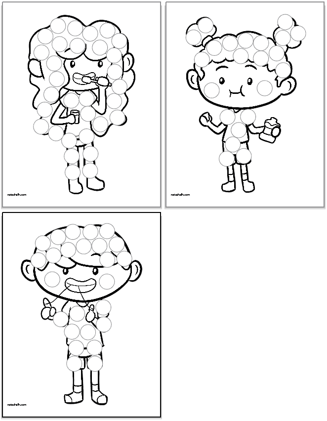 Three dental health themed dot marker coloring pages. Images include: a girl brushing her teeth, a girl with mouth wash, and a girl flossing.