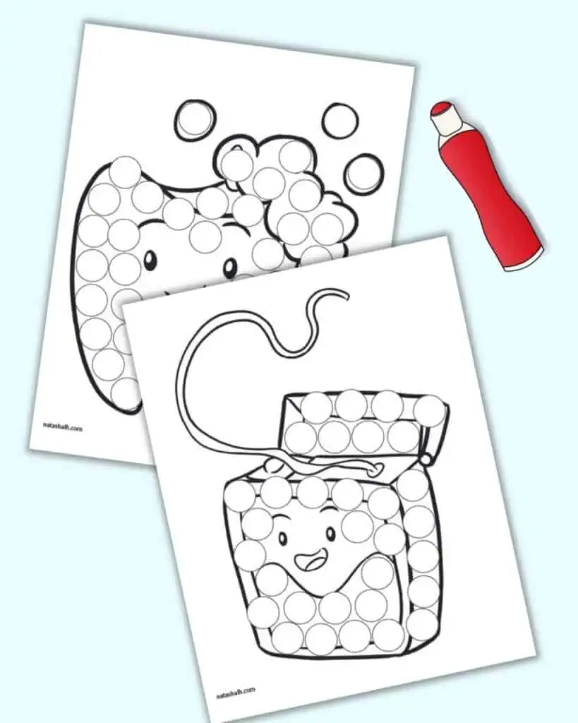 Two dot marker coloring pages with a dental health theme. One shows a package of floss and the other shows a tooth with bubbles on it.