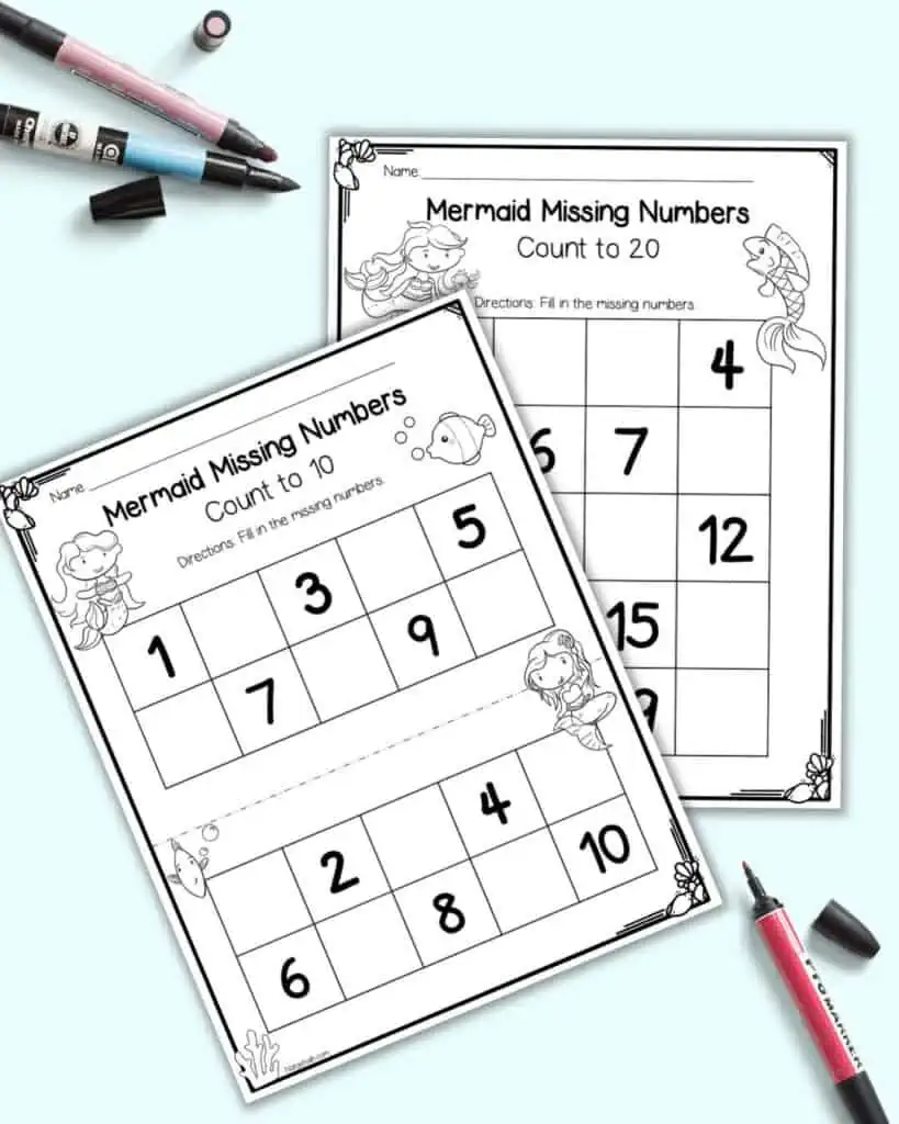 Two missing number worksheets: 1-10 and 1-20