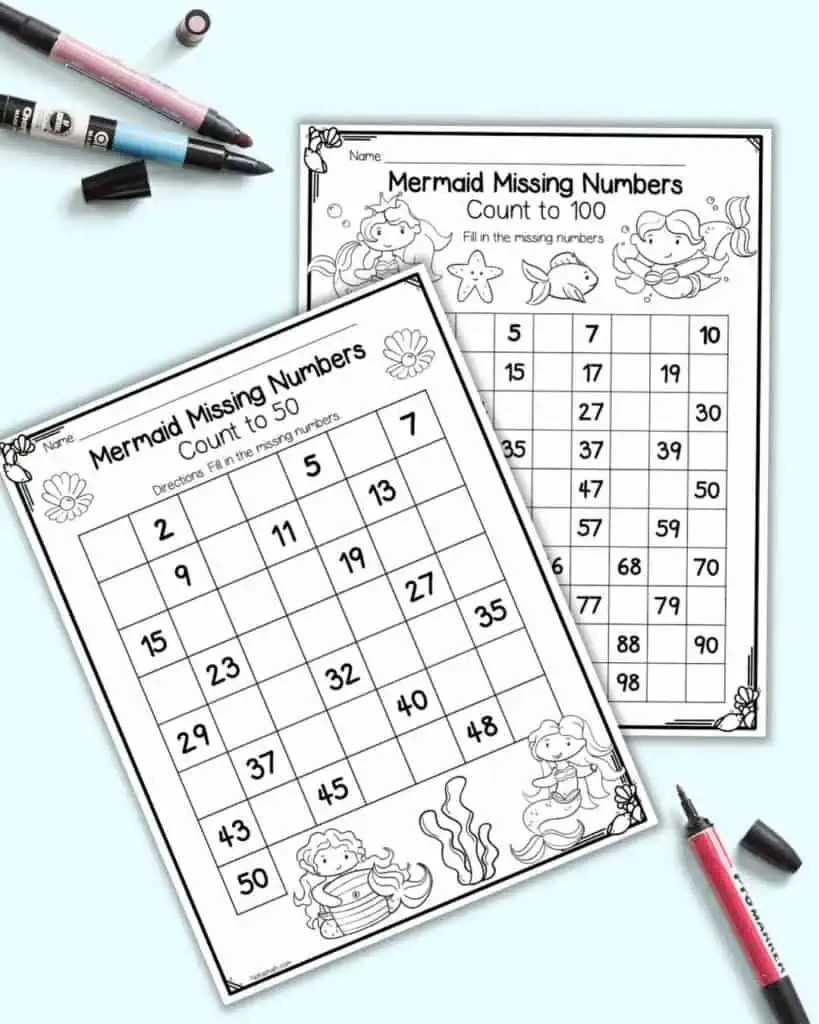 Two missing number worksheets with 1-50 and 1-100