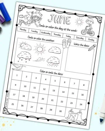A June calendar worksheet for kids with space to circle the date, day of the week, and weather.