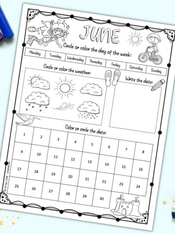 A June calendar worksheet for kids with space to circle the date, day of the week, and weather.