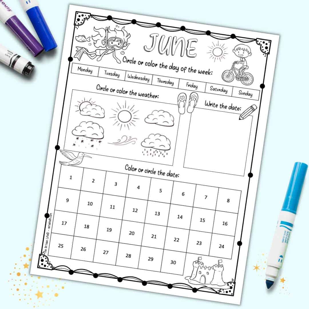 Free Printable June Calendar Worksheet for Kids The Artisan Life