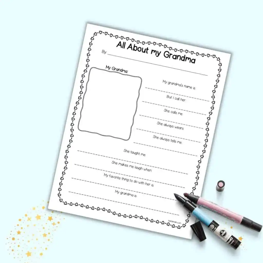 A preview of a printable "all about my grandma" questionnaire for Mother's Day or Grandparent's Day. It is on a light blue background with two markers.