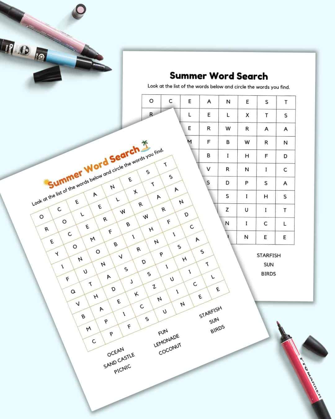 A preview of two pages of summer word search printable for kids. One is in color and the other in black and white.