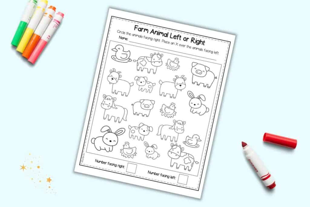 A preview of a left or right worksheet with a farm animal theme.
