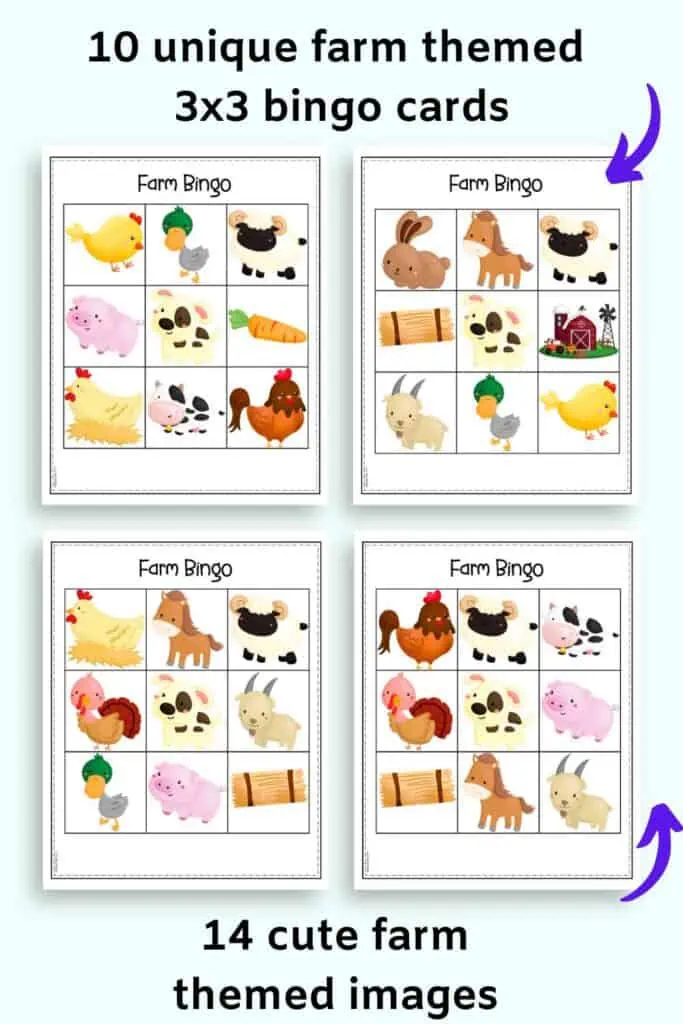 A preview of four farm themed bingo cards 