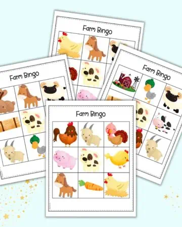 A preview of four farm animal themed 3x3 bingo cards for preschoolers.