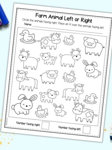 A preview of a left or right worksheet with a farm animal theme.