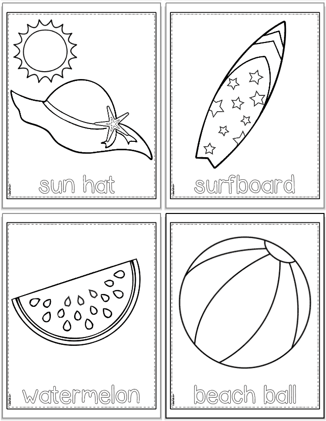 four beach vocabulary themed coloring pages for kids