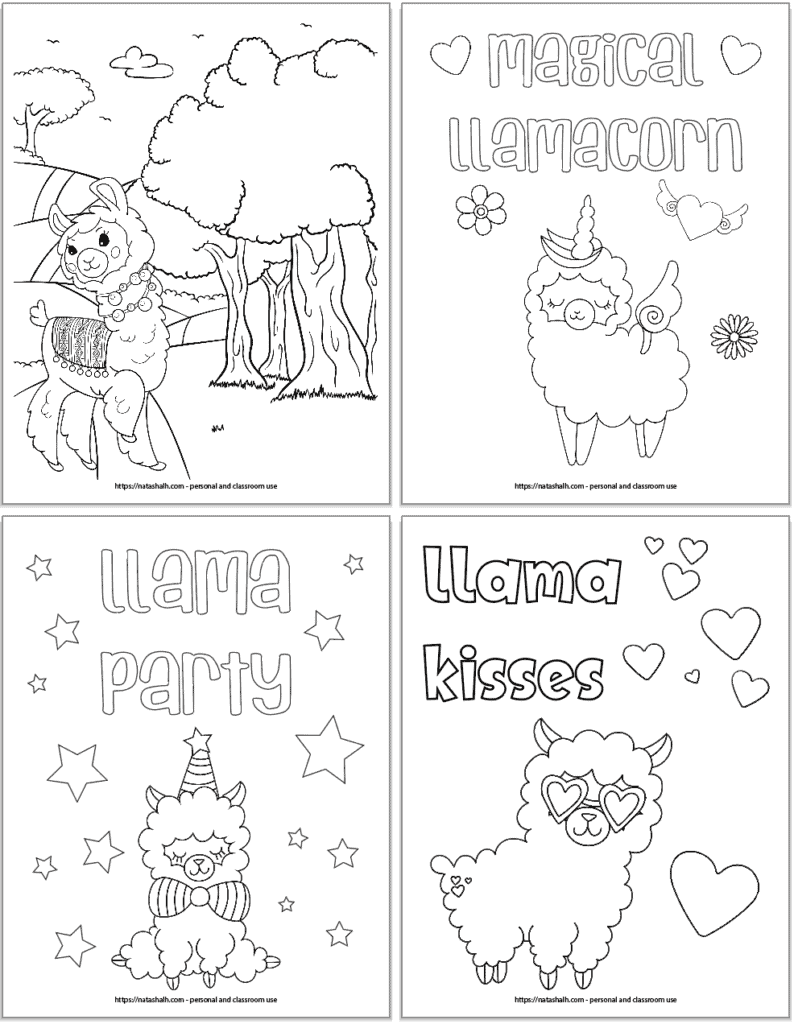 four cute llama coloring pages