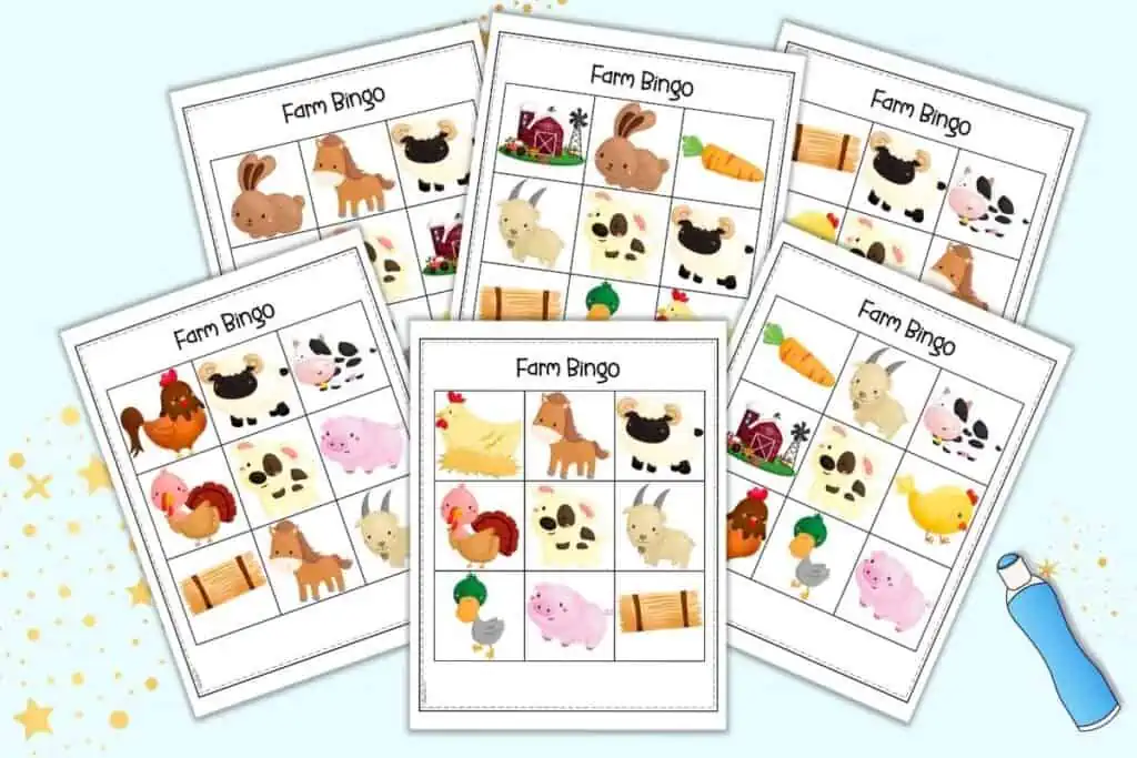 A preview of six farm animal themed 3x3 bingo cards for preschoolers.